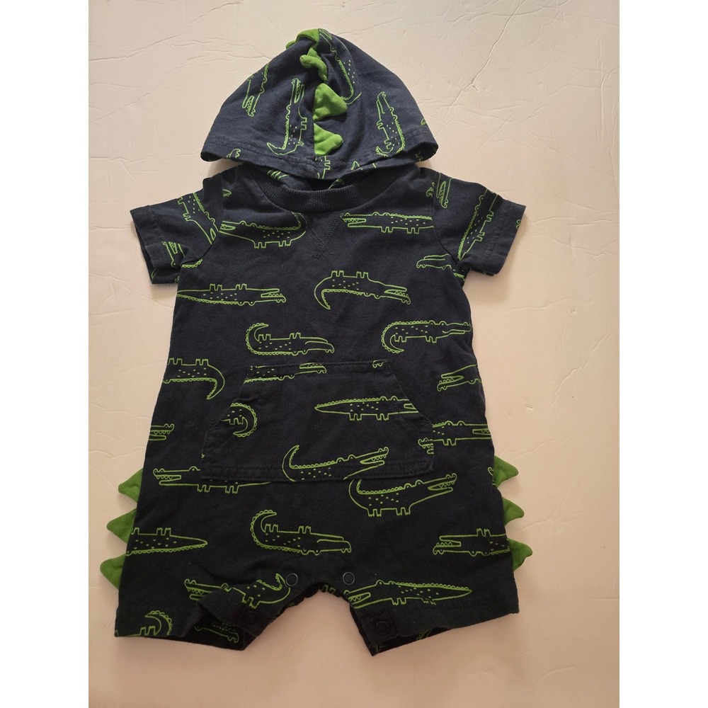 Carters Baby Boys Navy Blue Neon Green Alligator Hooded Romper 6M 3D Spikes